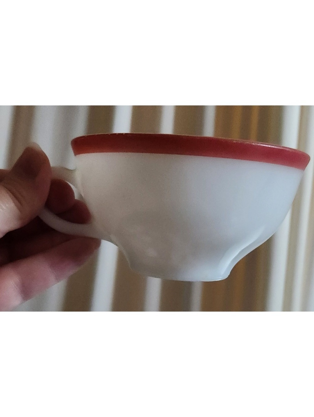 Pyrex milk glass teacup with coral/pink rim band